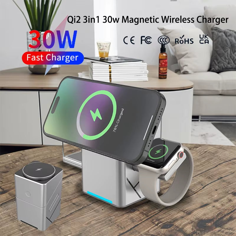 30W Touch Rotating Magnetic Multi-Function 3 in 1 Wireless Charger for Iphone 16 15 14 13 Max Fast Charger Samsung Xiaomi