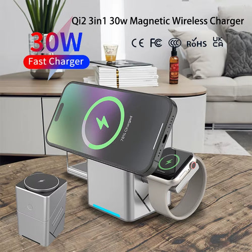 30W Touch Rotating Magnetic Multi-Function 3 in 1 Wireless Charger for Iphone 16 15 14 13 Max Fast Charger Samsung Xiaomi