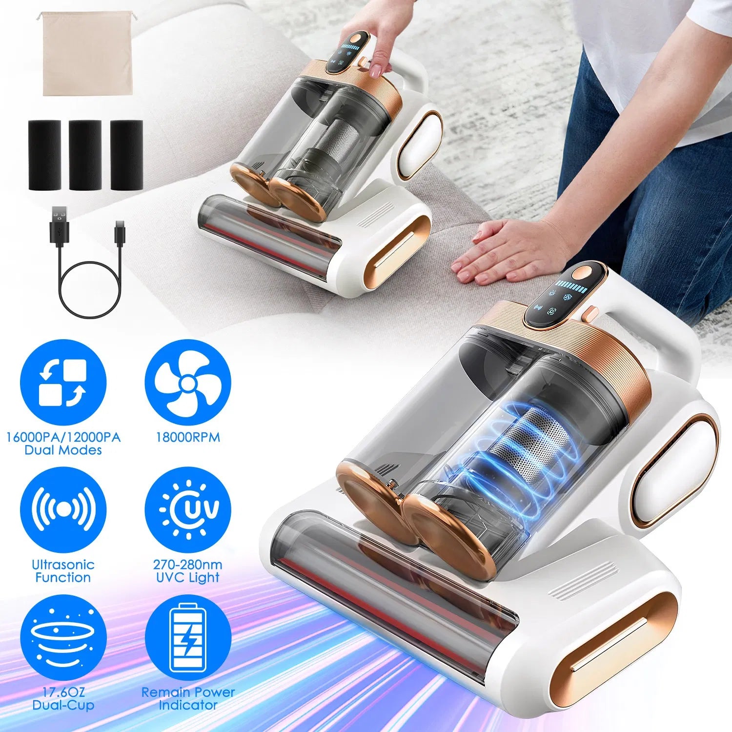 Mattress Vacuum Cleaner 16Kpa Bed Vacuum Cleaner Handheld Vacuums with Ultrasonic & UVC Light 18000 RPM Brushroll Rotation Dual Dust Bins Washable Filters for Bed Pillows Cribs Sofa