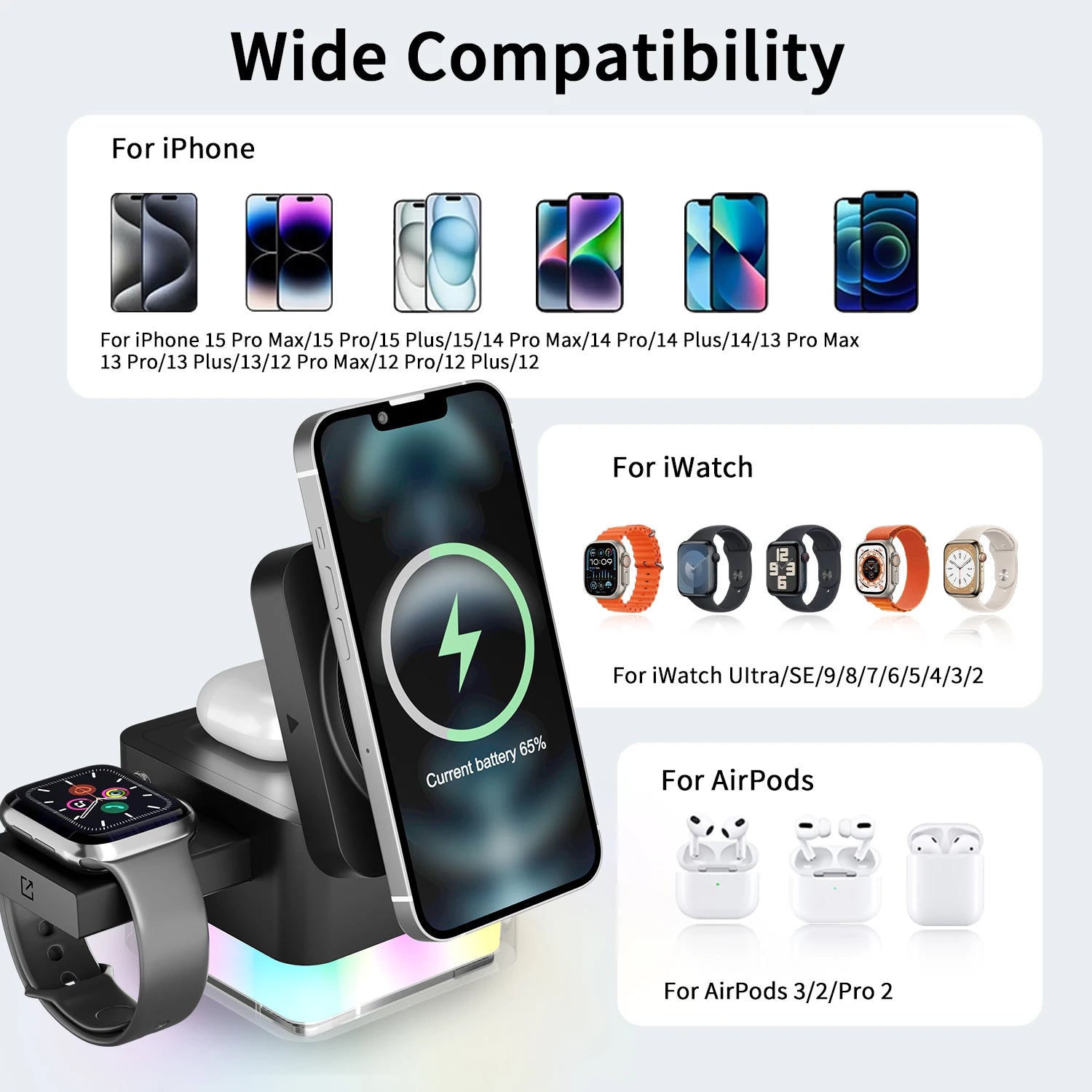 Three-in-one Multi-functional Wireless Magnetic Charger 15W