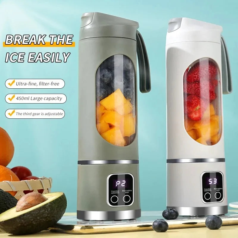  Portable Fruit Juicer 450Ml Capacity 3 Gears USB Rechargeable Blender Ice Crusher for Shakes and Smoothies Juicer Cup