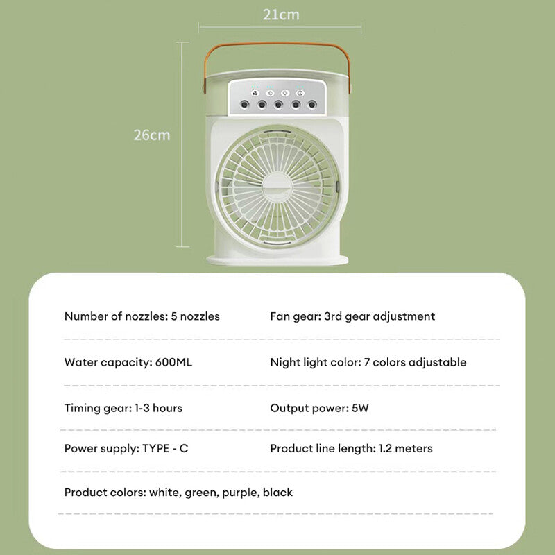 Portable USB Air Conditioner Cooling Fan with 5 Sprays 7 Color Light 600ML Water Tank Spray Mist Air Cooler Humidifiers